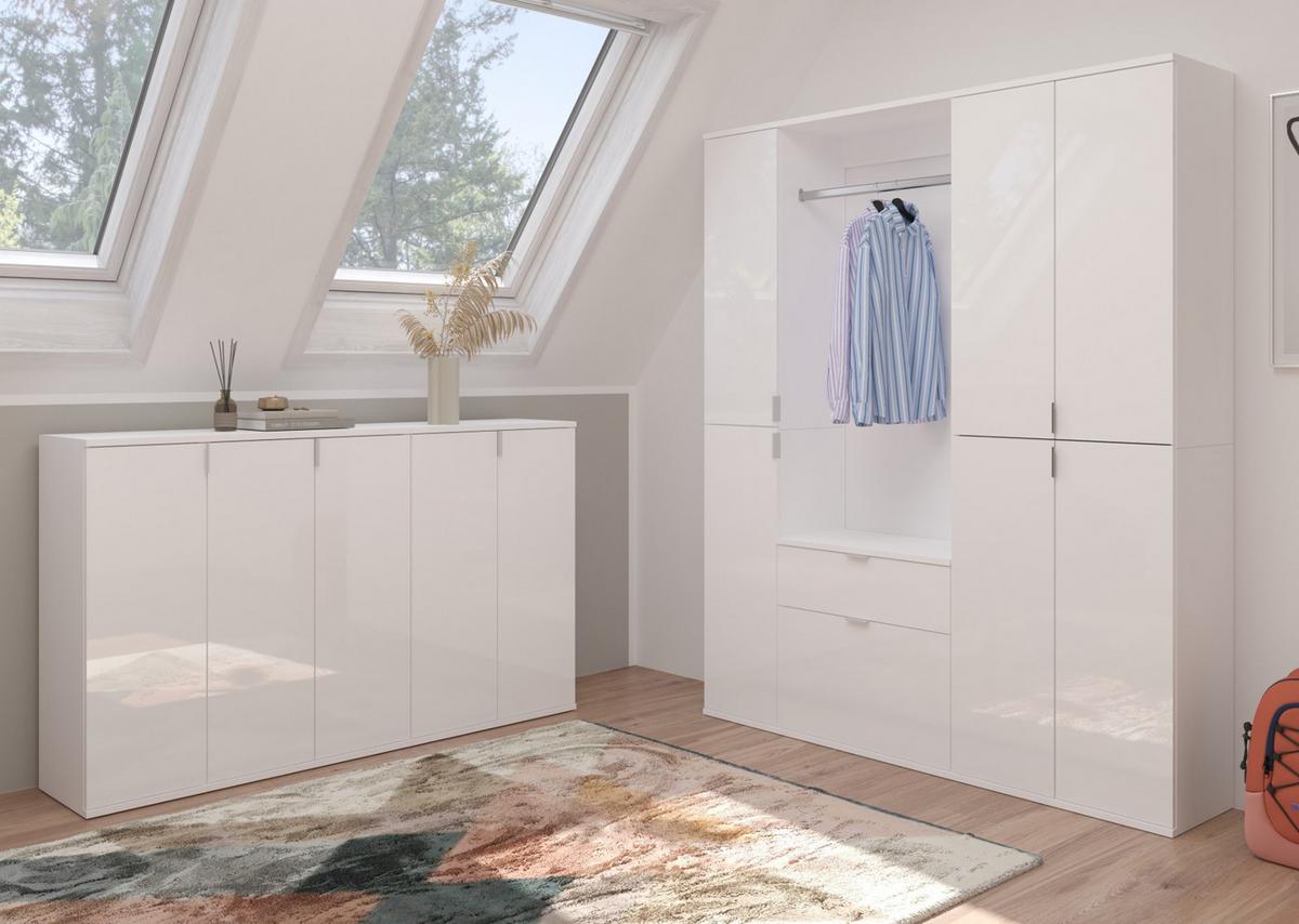 KOMMODE weiß Hochglanz 122 x 99 cm, Sideboard mit 4 Türen und 12 Fächern - Weiß Hochglanz/Silberfarben, Holzwerkstoff/Kunststoff (122/99/34cm) - Inn.Furn