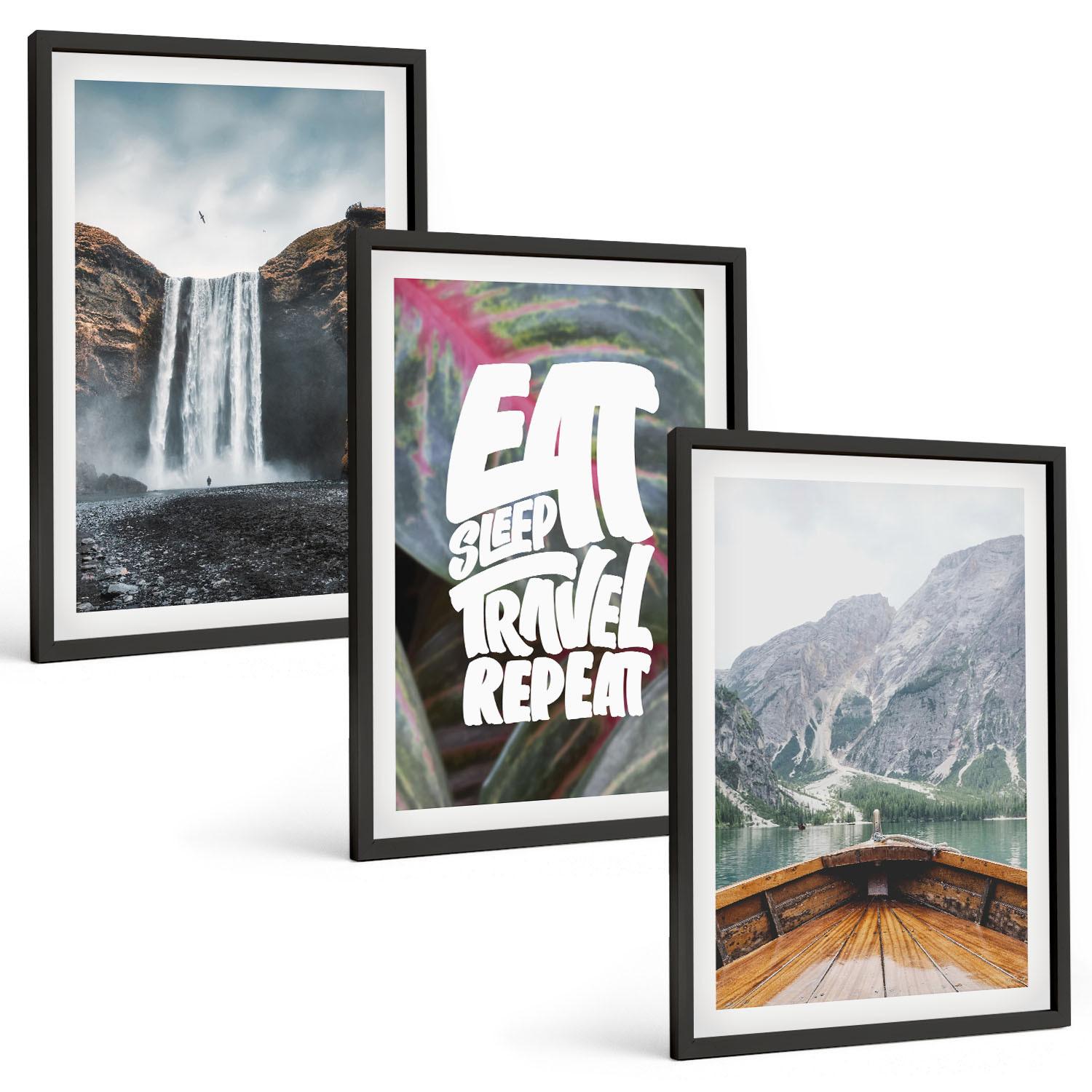 BILDER SET 3er Set - 40x60 cm Schwarzer Rahmen - Wasserfall Berge Natur Boot - Schwarz, Kunststoff (40/60cm) - TULUP