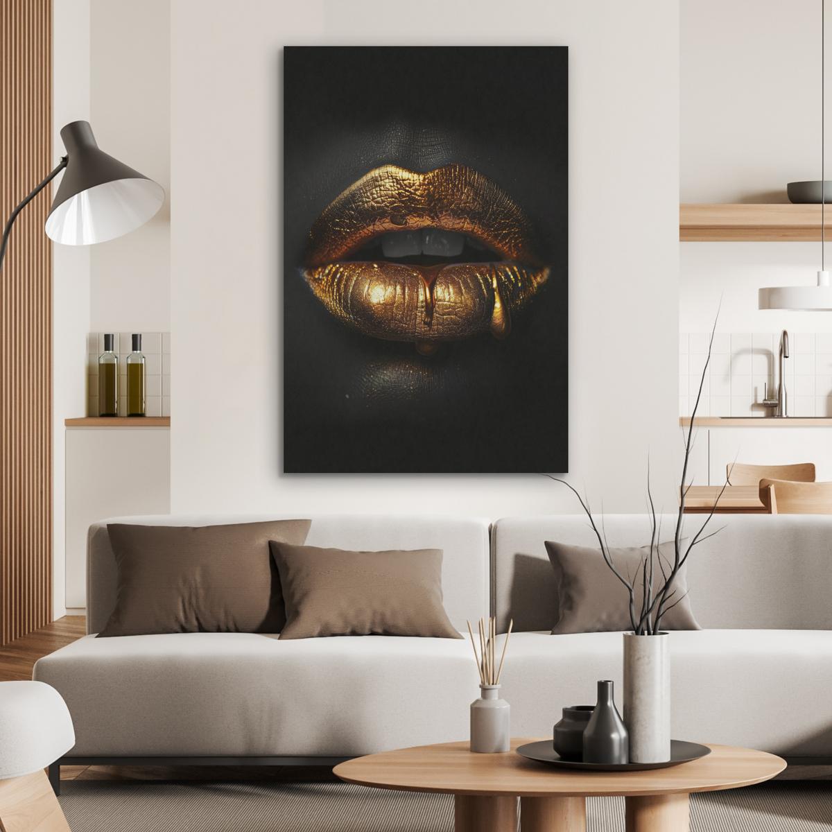 AKUSTIKBILD Frau - Porträt - Lippen - Gold - Schwarz Wanddeko 70x100 cm - Schwarz, Kunststoff (70/100/0.9cm) - MuchoWow