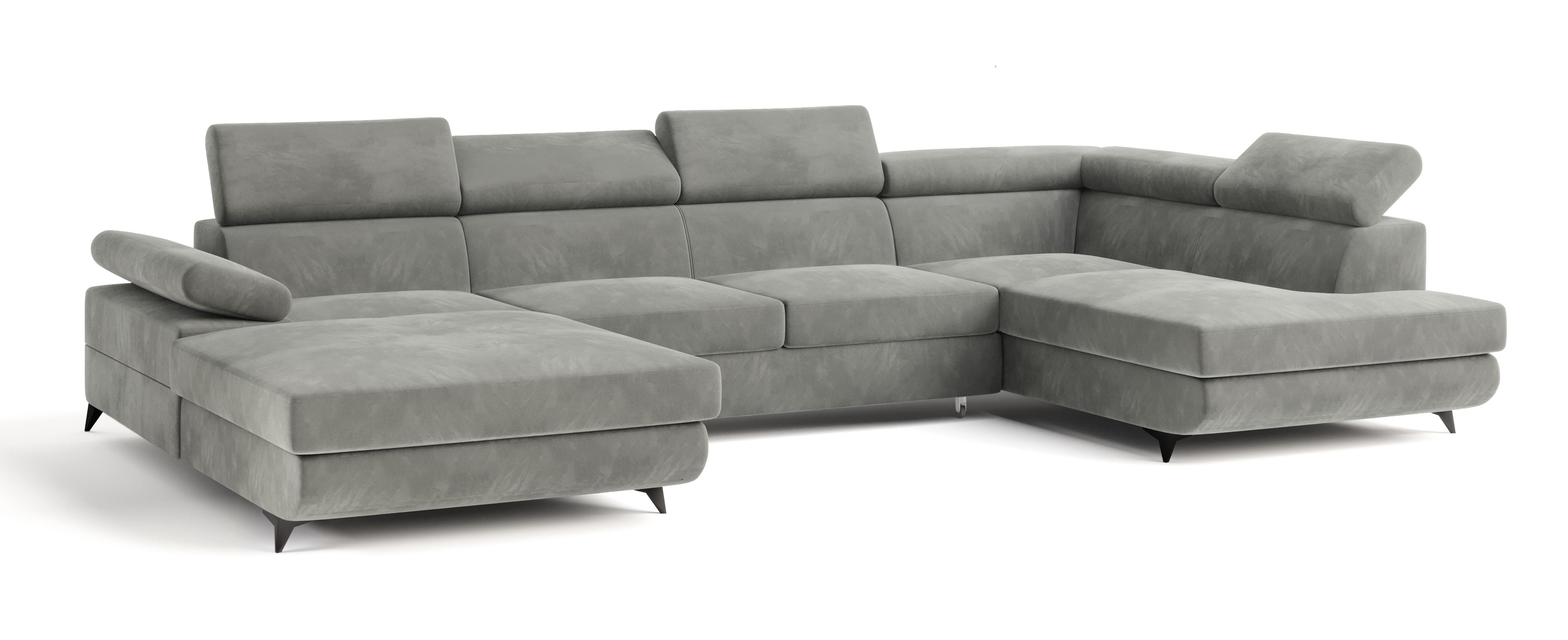 WOHNLANDSCHAFT RUBANO R-S Hellgrau Velours-Stoff mit Schlaffunktion - Hellgrau, Holz (339/89/190cm) - MASSENO