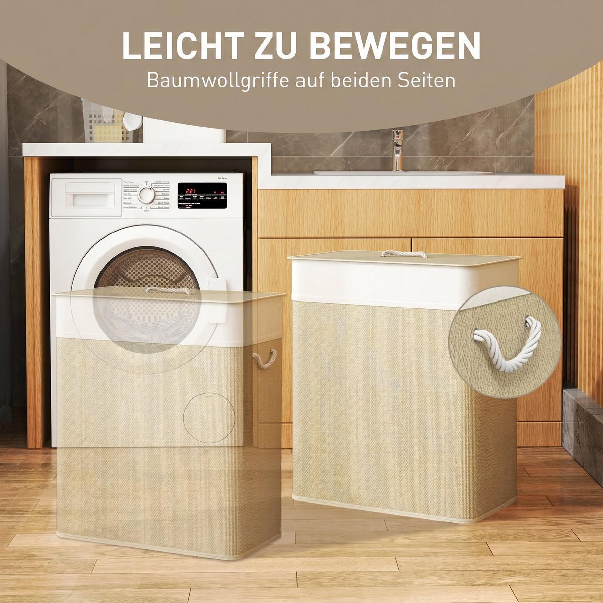 WÄSCHEKORB Bambus Cremeweiß - Hellbraun/Creme, Holz/Bambusholz (32/63/52cm) - HOMCOM