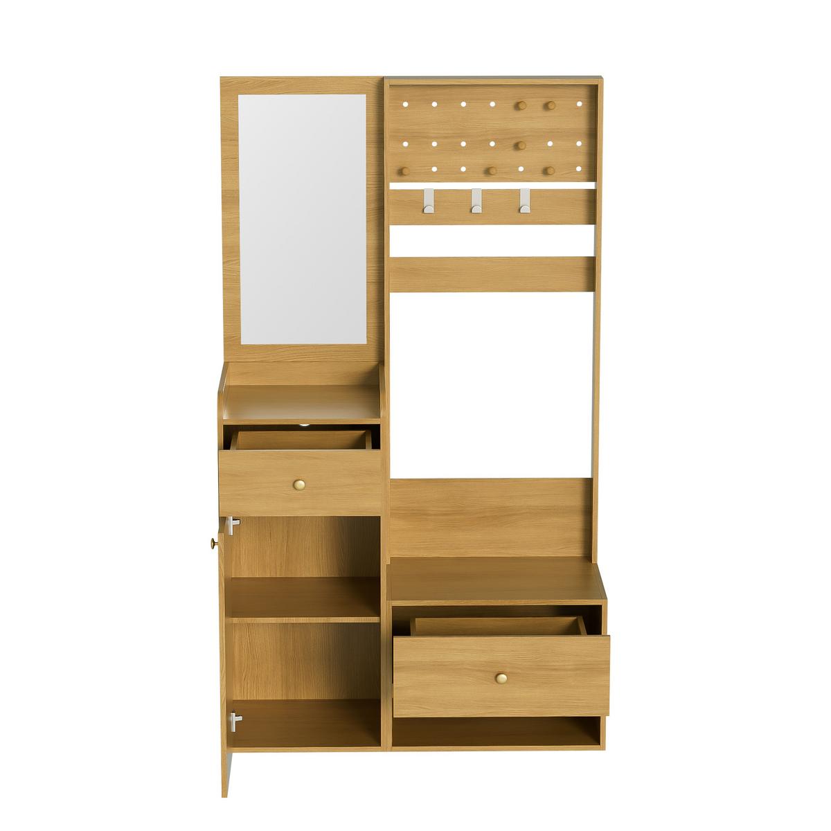 GARDEROBEN-SET 105 cm Holzoptik Natur – Kompaktgarderobe mit Spiegel, Schuhbank & flexiblem Hakenboard - Naturfarben, Holzwerkstoff (105/180/38cm) - Urban Meuble