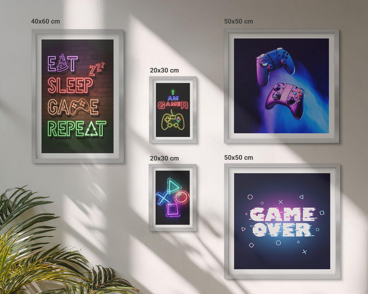 BILDER SET 5er Set - 50x50 cm & 20x30 cm & 40x60 cm Silberner Rahmen - Gamepads, Spielersymbol-Untertitel - Silberfarben, Kunststoff (40/60cm) - TULUP