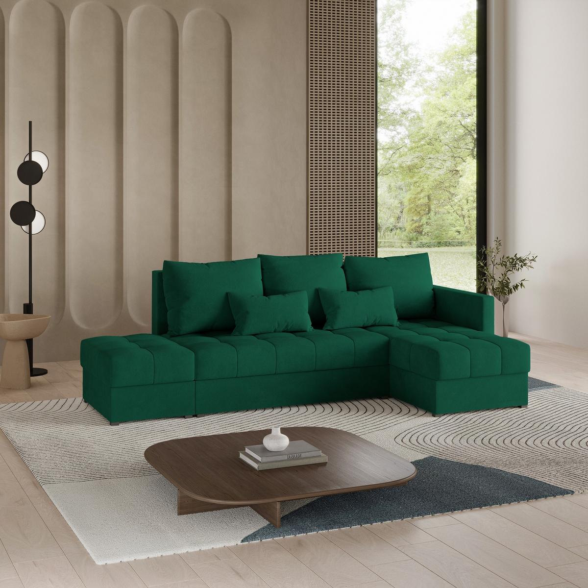 ECKSOFA LUMARI R-S Grün Plüsch-Stoff mit Schlaffunktion - Grün, Holz (262/143cm) - MASSENO
