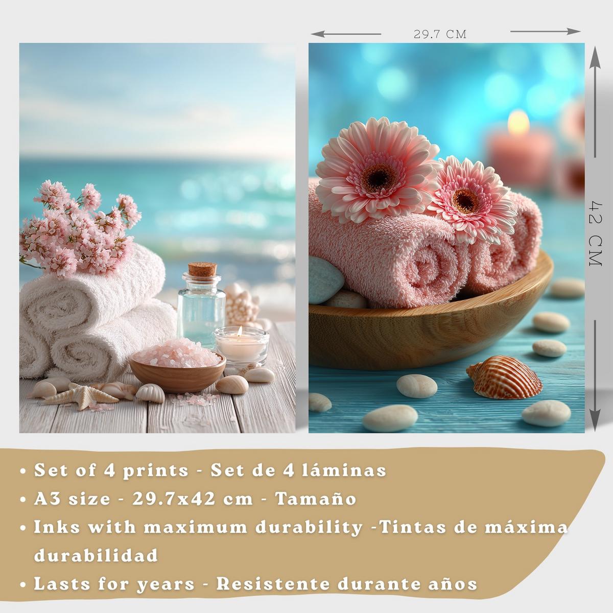 POSTER 4er-Set Badezimmer-Wandposter, Strand-Spa-Poster für Waschbecken, WC mit Muscheln, Kerzen, Handtüchern und Meersalz Leichter Holzrahmen A3 - Beige, Papier (42/29.7/3cm) - Nacnic