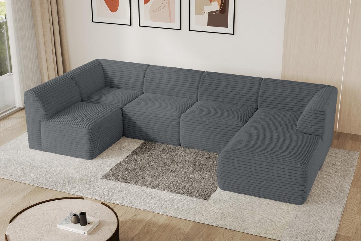 WOHNLANDSCHAFT Ottomane Rechts MOVO-L 345x180x78 cm Dunkelgrau Cord - Alufarben, Holzwerkstoff/Kunststoff (180/78/345cm) - ALTDECOR