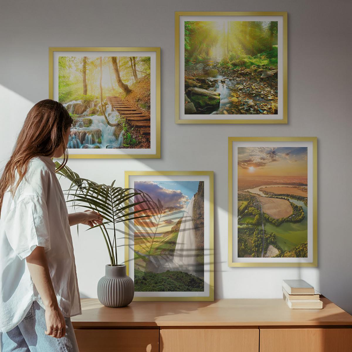 BILDER SET 4er Set - 50x50 cm & 40x60 cm Goldrahmen - Orange Mountain Wasserfall - Goldfarben, Kunststoff (50/50cm) - TULUP