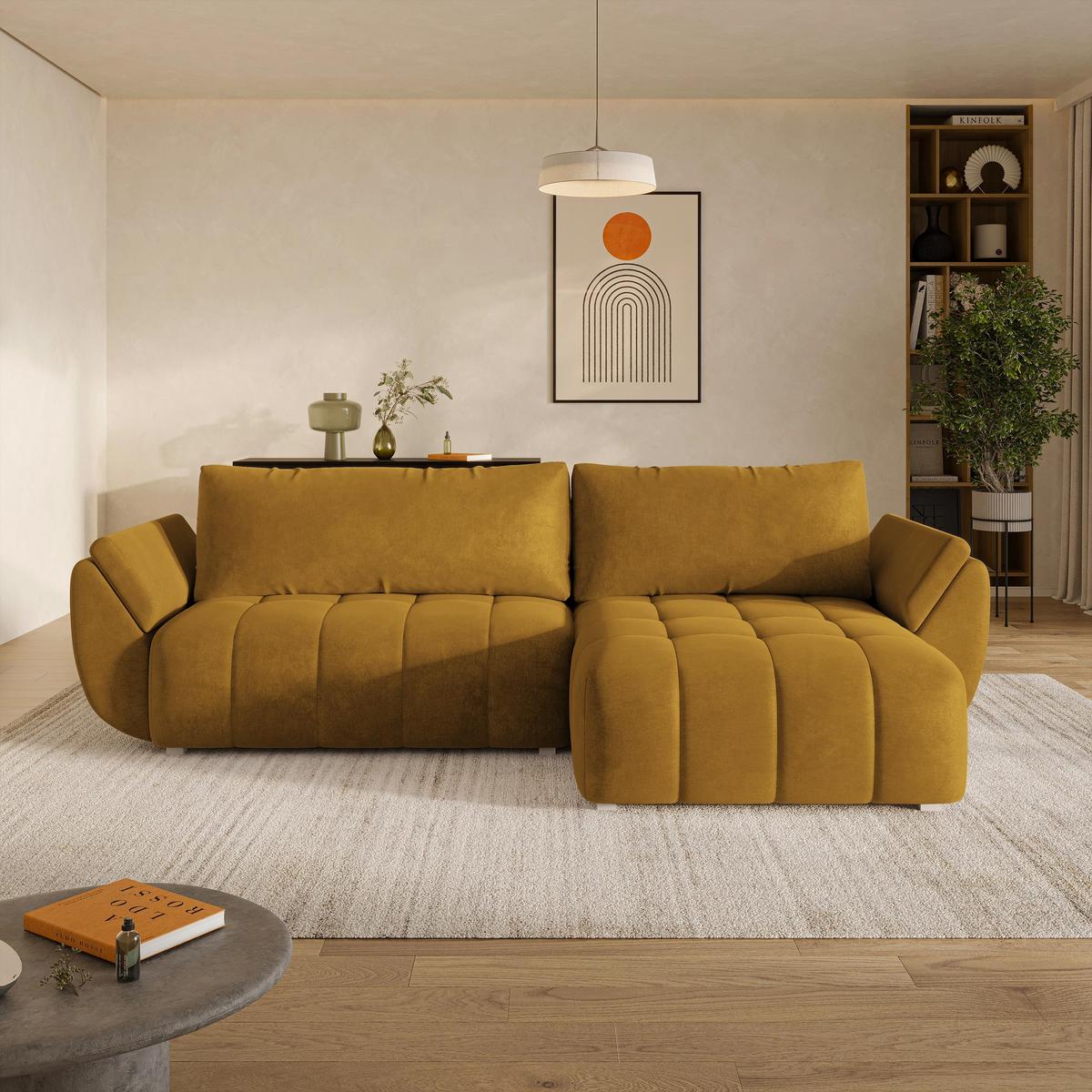 ECKSOFA OLSI Gelb Velours-Stoff mit Schlaffunktion - Gelb, Holz (285/148cm) - MASSENO