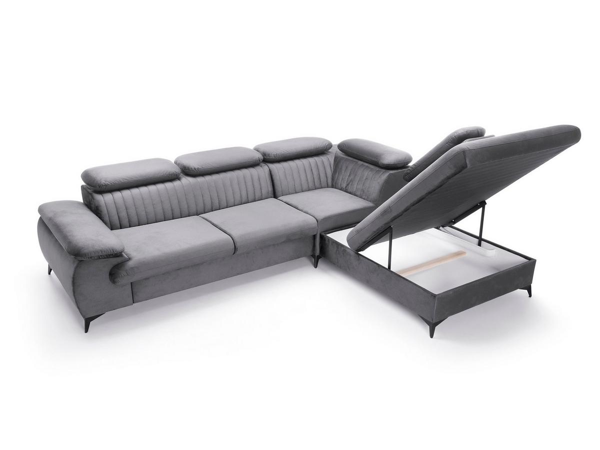 ECKSOFA FIORE Grau Velours-Stoff mit Schlaffunktion - Grau, Holz (275/221cm) - MASSENO