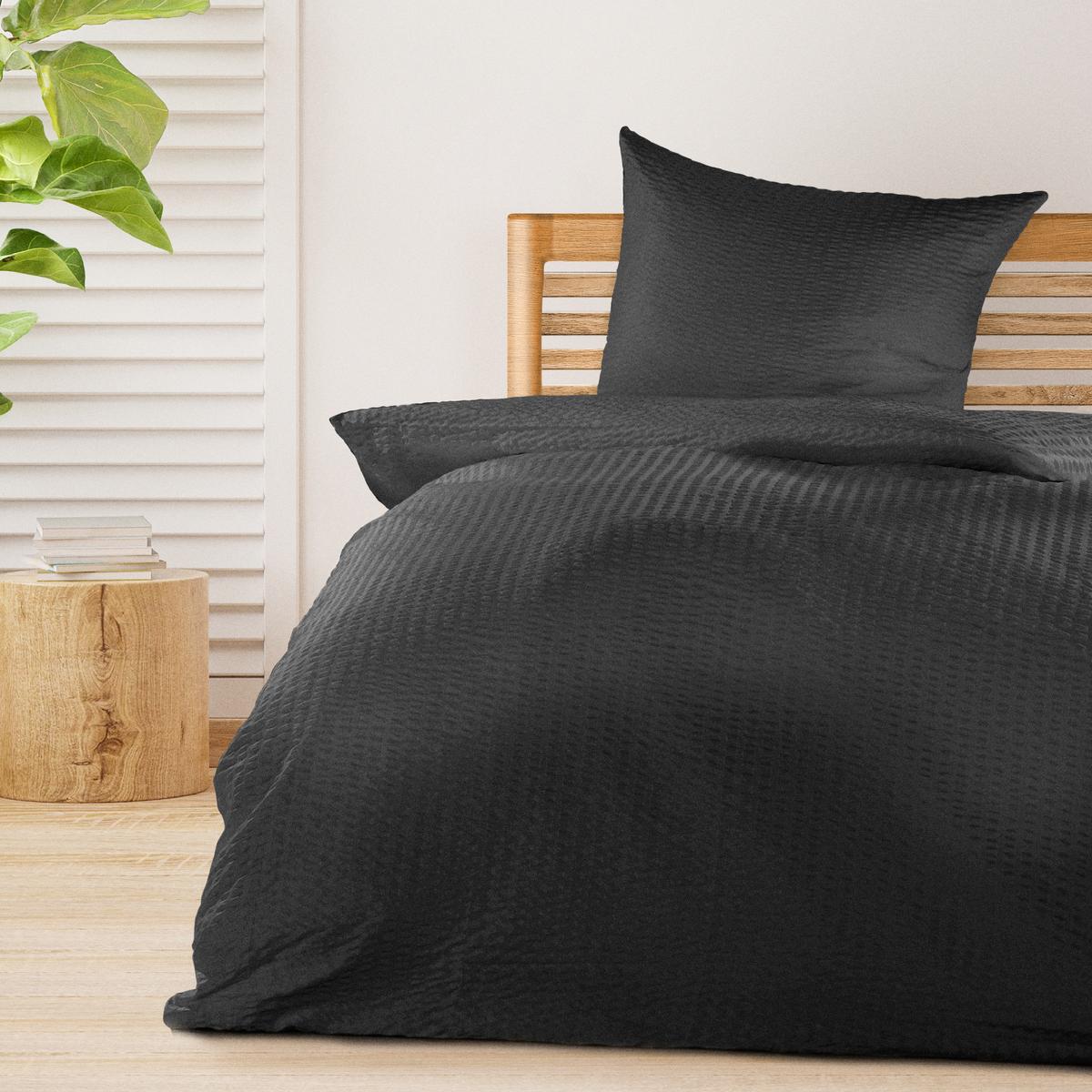 BETTWÄSCHE Meline 155/220 cm + Kissenbezug 80/80 cm Schwarz Seersucker - Schwarz, Kunststoff/Textil (80/80cm) - Beautissu 