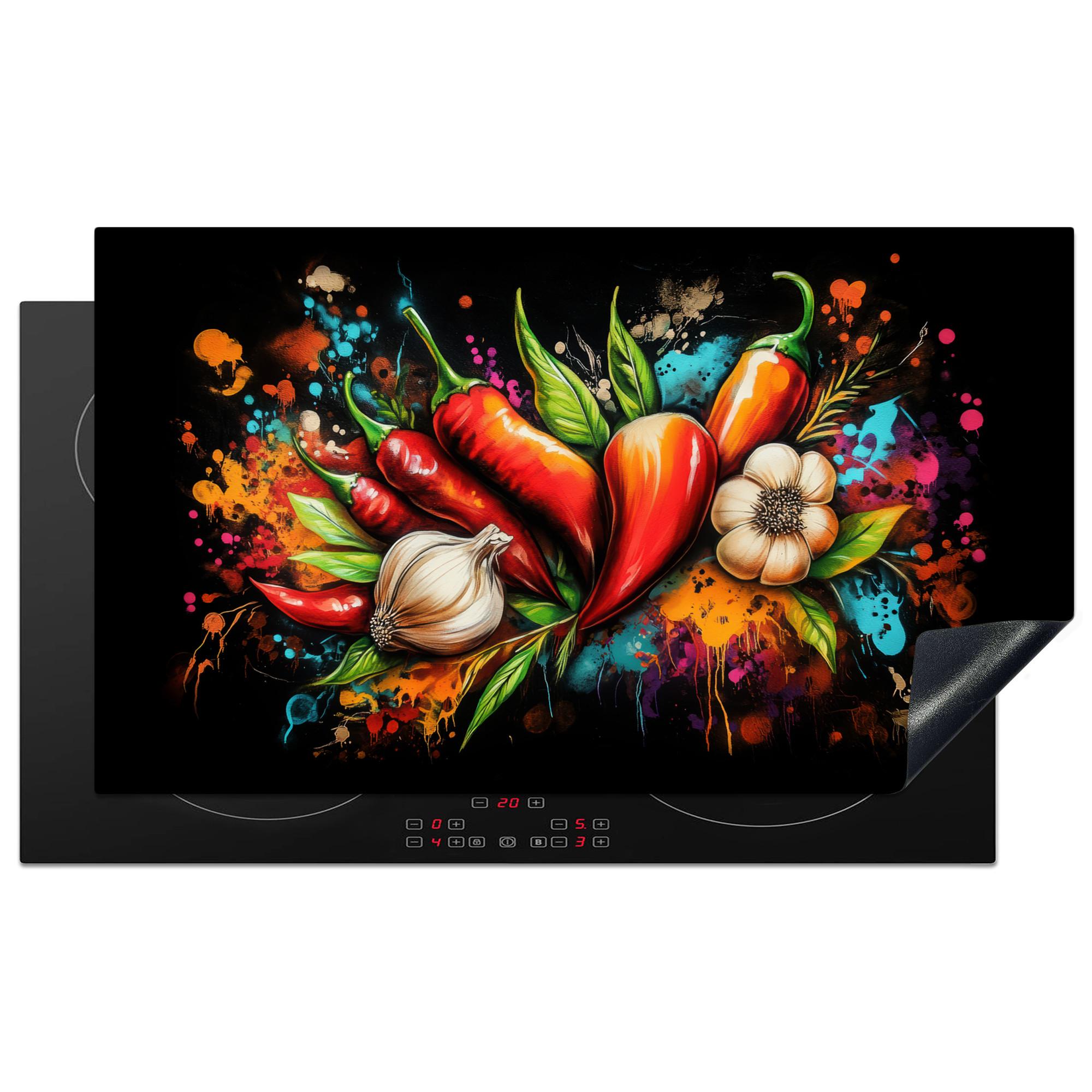 HERDABDECKPLATTE Gemüse - Paprika - Knoblauch - Graffiti - Farbe - Bunt Induktionsschutz 89.6x51.6 cm - Rot, Kunststoff (89.6/51.6/0.2cm) - MuchoWow