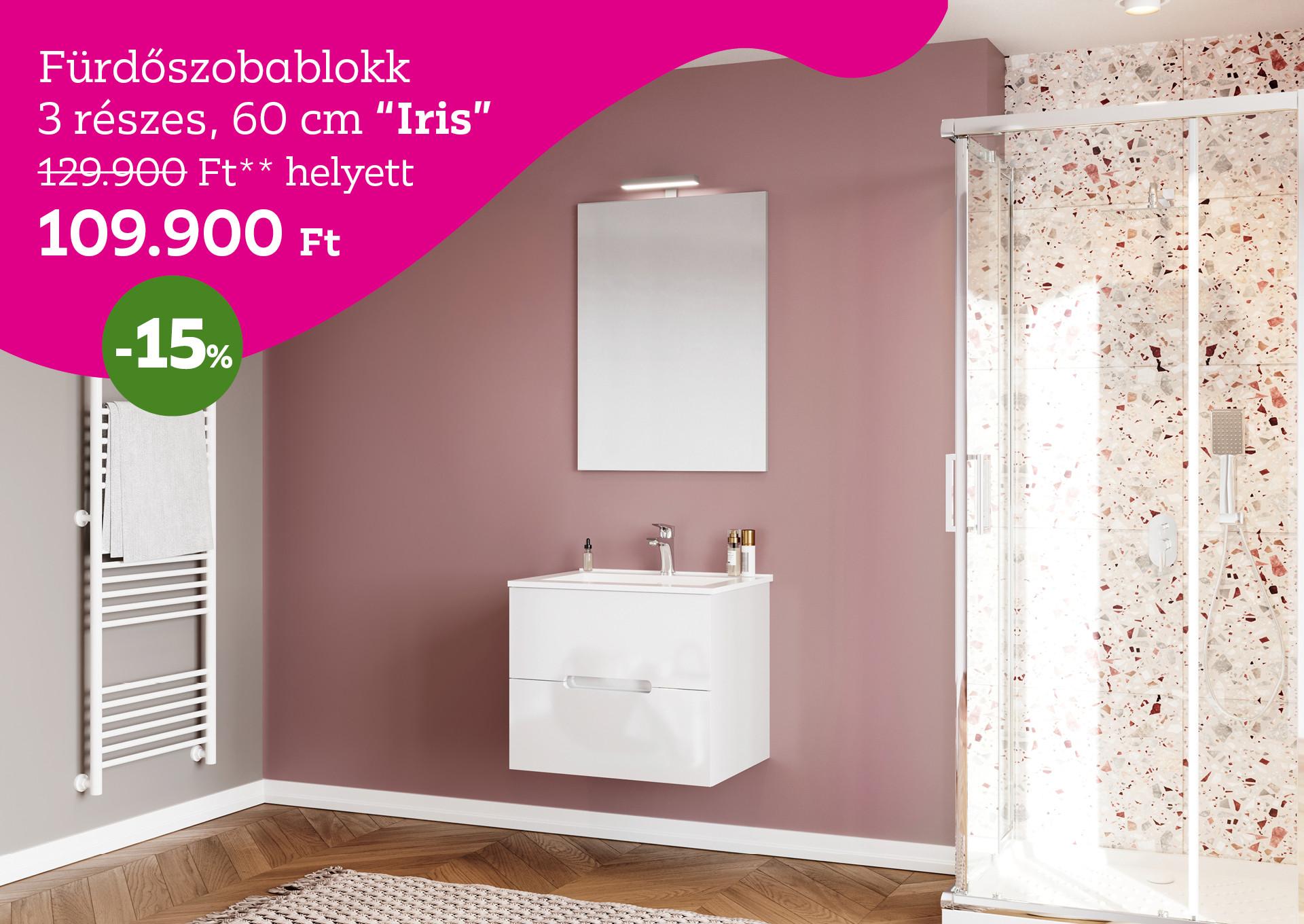 Fürdőszoba blokk 3 részes 60cm Iris  129900 Forint helyett 109900 Forint, kedvezmény mértéke 15%