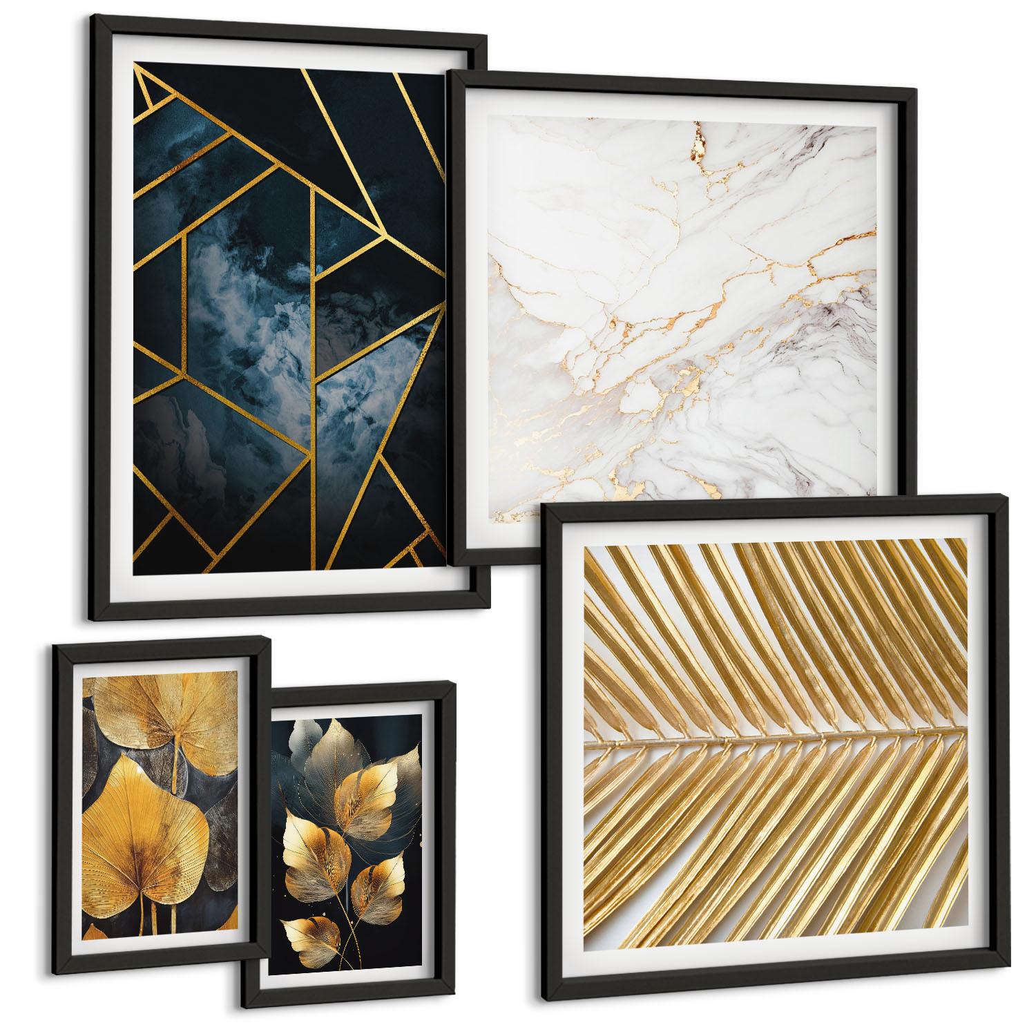 BILDER SET 5er Set - 50x50 cm & 20x30 cm & 40x60 cm Schwarzer Rahmen - Moderne Pflanzenmuster - Schwarz, Kunststoff (40/60cm) - TULUP