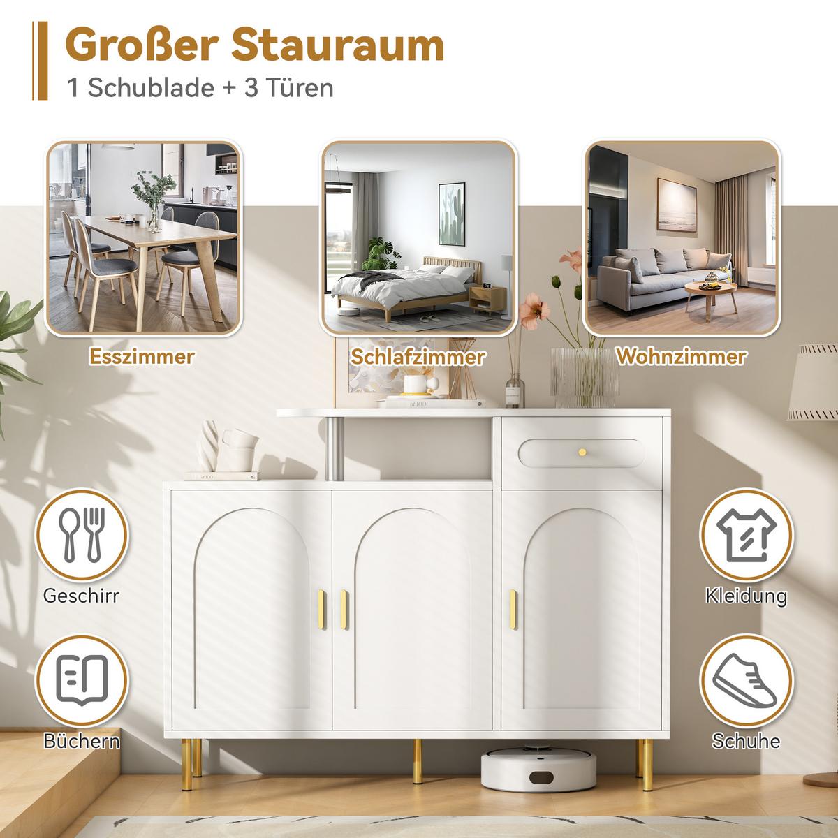 SIDEBOARD mit 3 Türen und 1 Schublade goldenen Akzenten - Weiß, Holzwerkstoff (120/92/35cm) - Urban Meuble