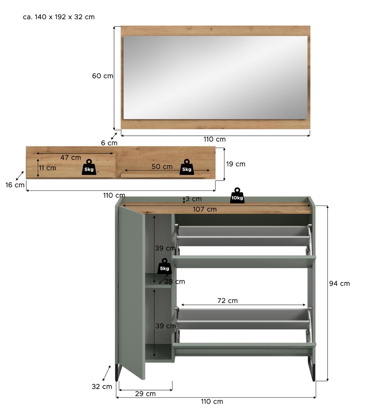 GARDEROBE-SET Salbei und Artisan Eiche, Garderobe 3-teilig, 140 x 192 cm, Soft-Close, Borga - Salbeigrün/Schwarz, Holzwerkstoff/Metall (140/192/32cm) - Inn.Furn