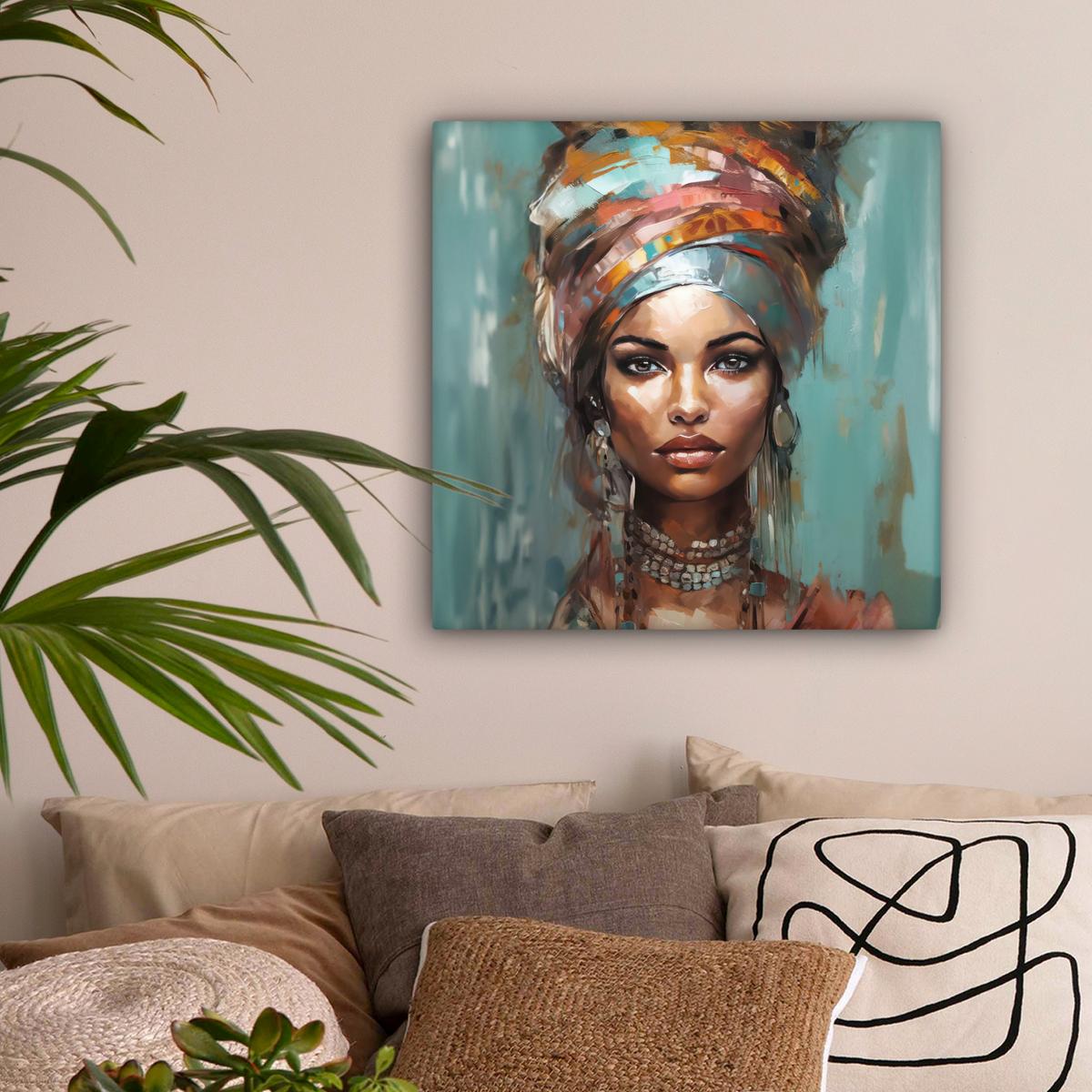 LEINWANDBILD Frau - Kunst - Schmuck - Porträt Wandbild Wohnzimmer 50x50 cm - Blaugrau, Textil (50/50cm) - MuchoWow