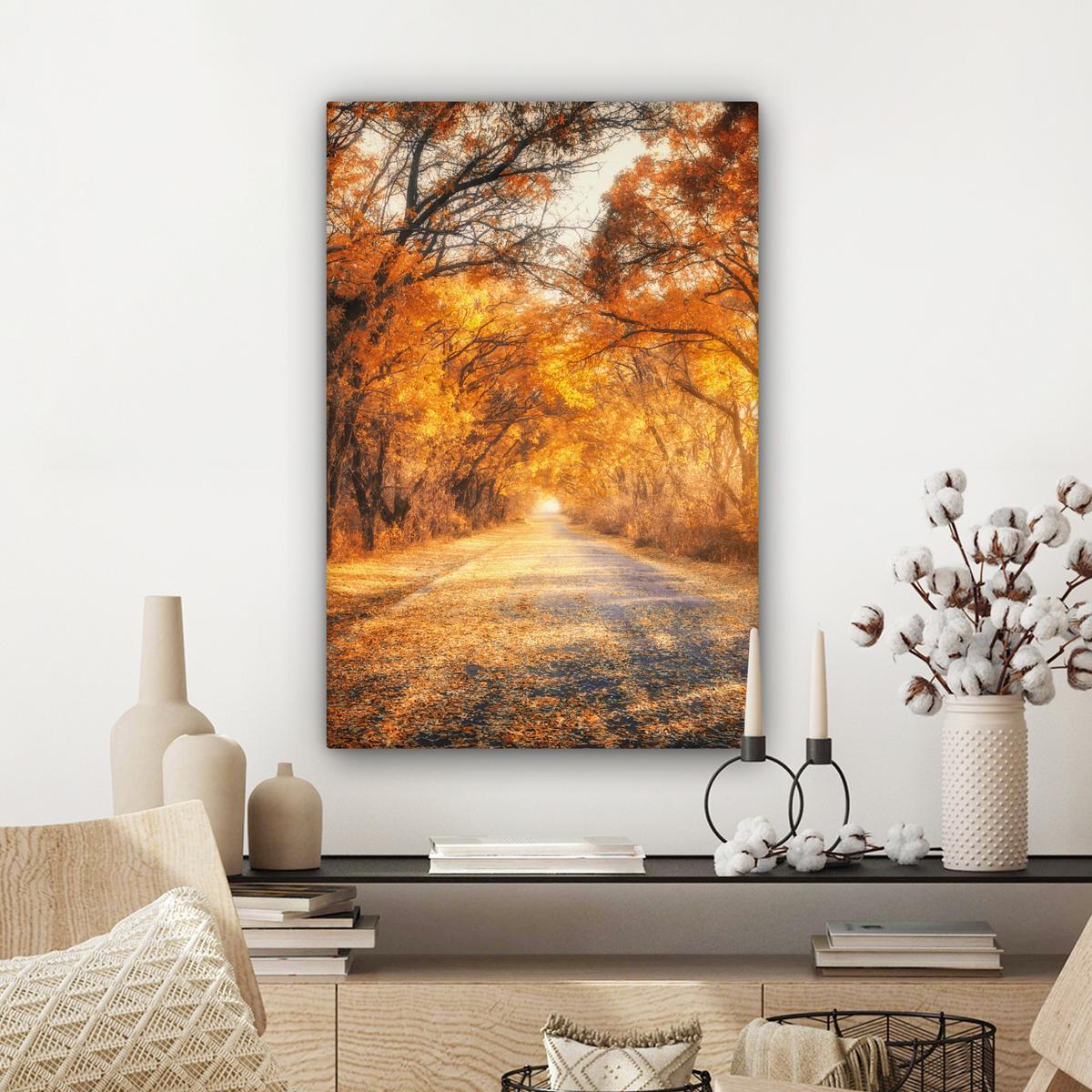 LEINWANDBILD Wald - Herbst - Bäume - Waldweg - Natur Wanddeko 40x60 cm - Bernsteinfarben, Textil (40/60cm) - MuchoWow