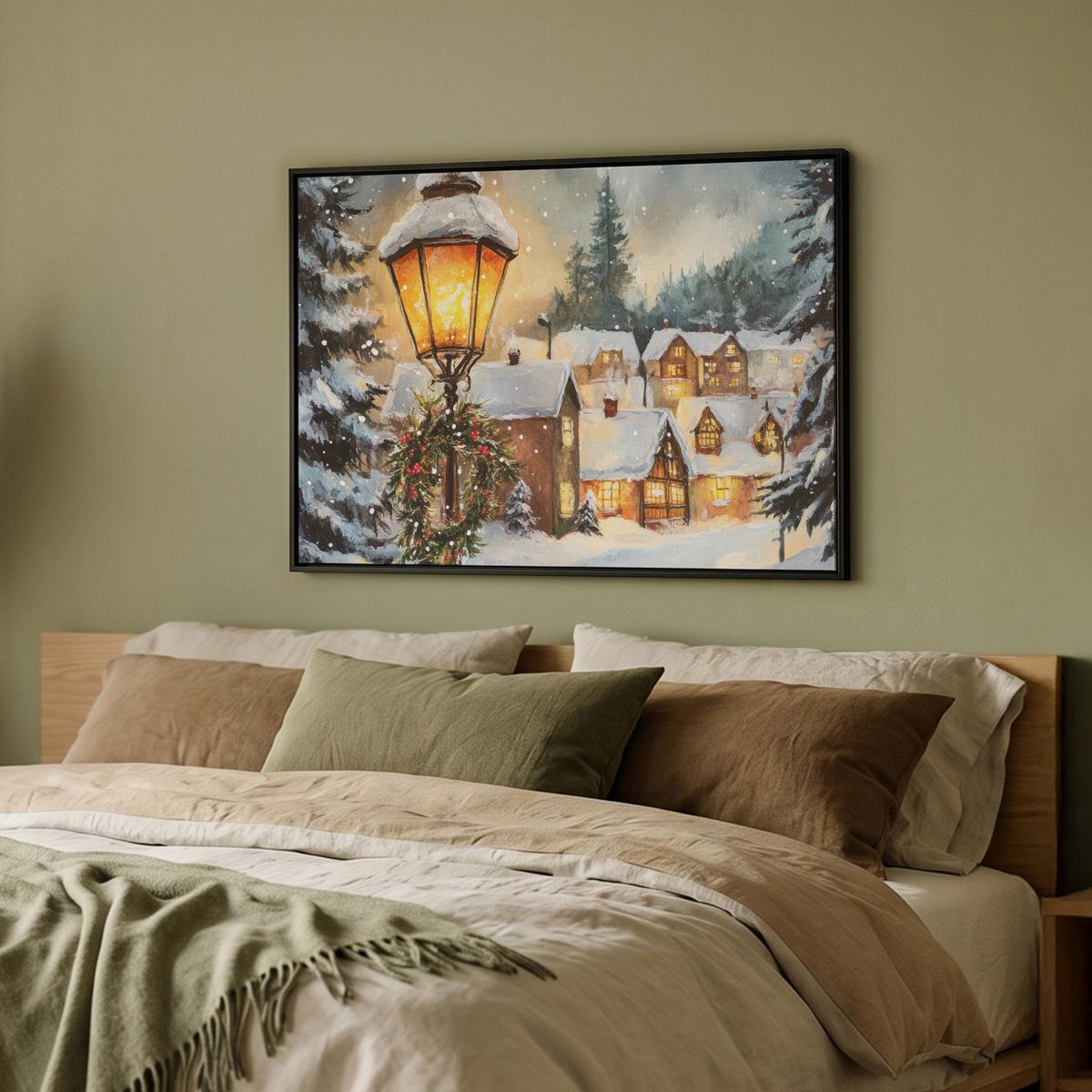 LEINWAND Bilder mit Rahmen - Weihnachtsdorf - Häuser - Schnee - Weihnachten - 70x50 - Sandfarben, Textil (70/50cm) - MuchoWow
