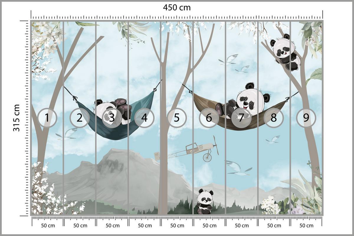 FOTOTAPETE für Kinderzimmer Pandas in Hängematten Märchenwald Blumen Berge 450x315 - Schwarz/Weiß, Papier (450/315cm) - Muralo