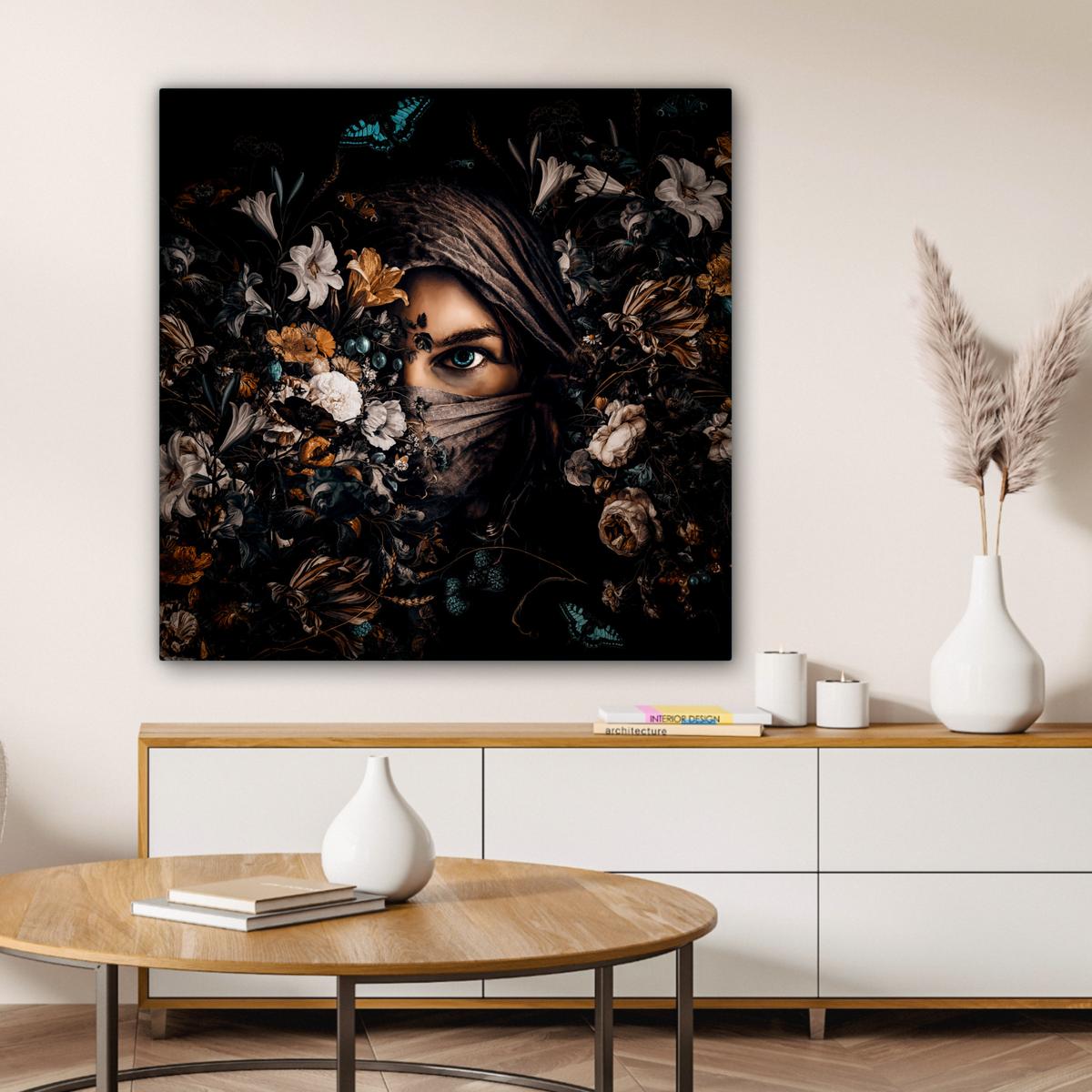 LEINWANDBILD Frau - Luxus - Blumen - Schmetterling - Porträt Deko Groß 90x90 cm - Schwarz, Textil (90/90cm) - MuchoWow