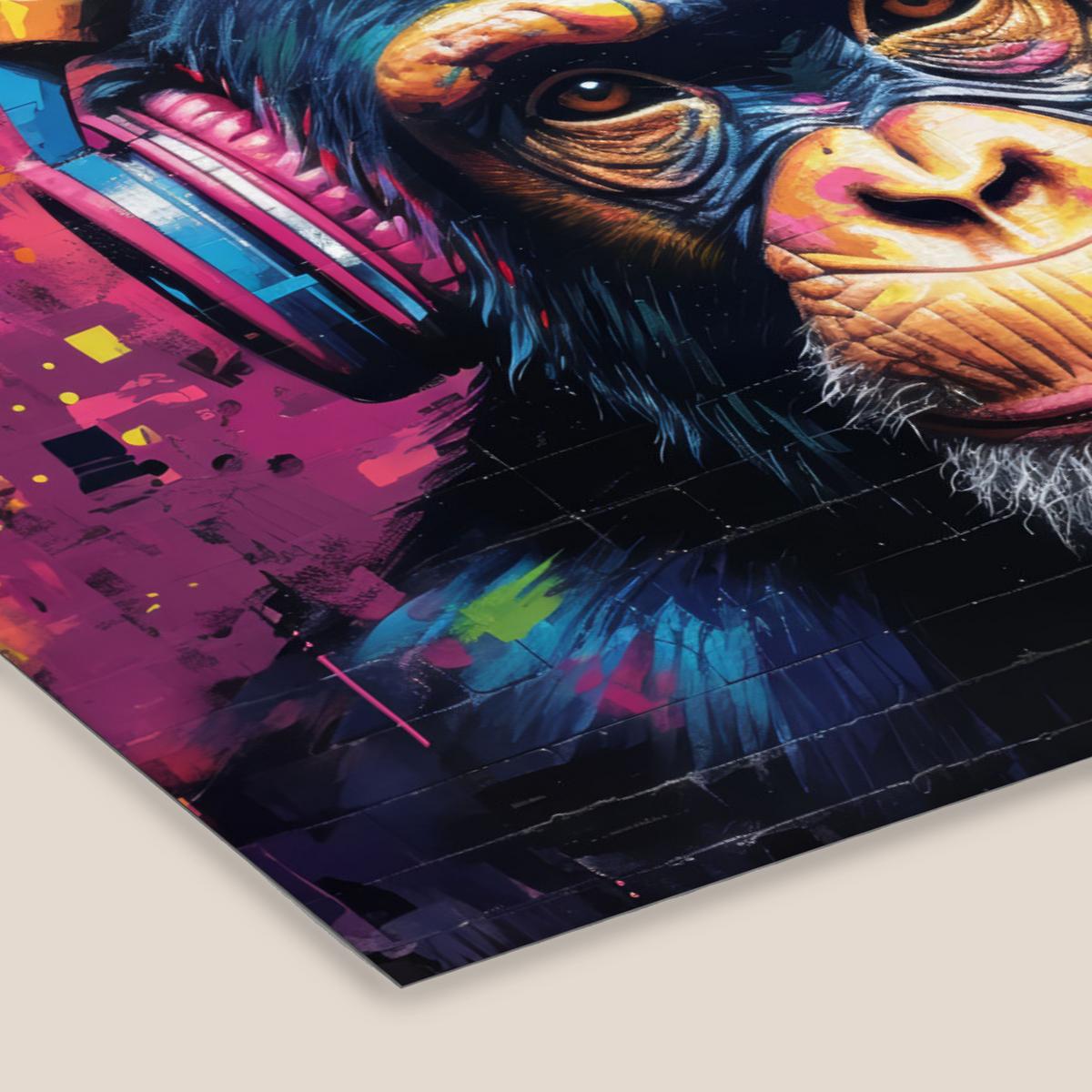 POSTER MIT RAHMENGERAHMTES BILD Graffiti - Schimpanse - Straßenkunst - Kopfhörer - Affe 90x60 cm - Blau, Papier (90/60cm) - MuchoWow