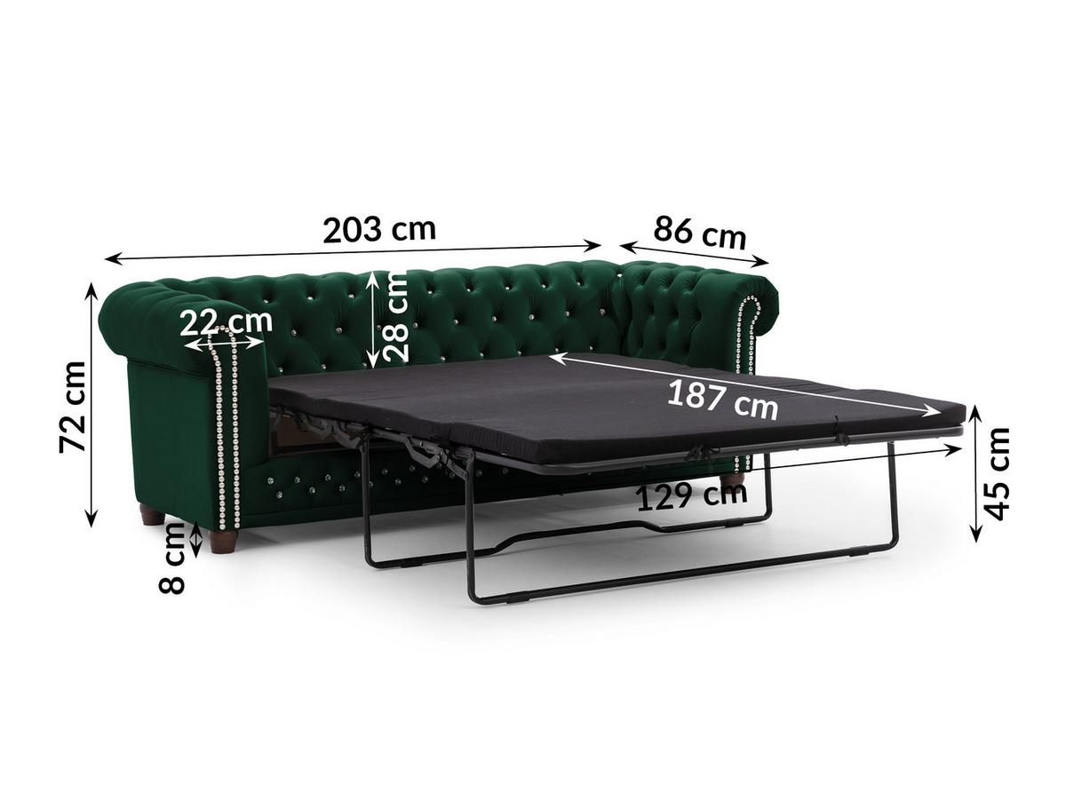 CHESTERFIELD-SOFA 3-Sitzer mit Schlaffunktion Cleo Blink Flasche Grün Samt mit Kristallsteppung und braunen Massivholzfüßen - Braun/Grün, Holz/Textil (203/72/86cm) - S-Style