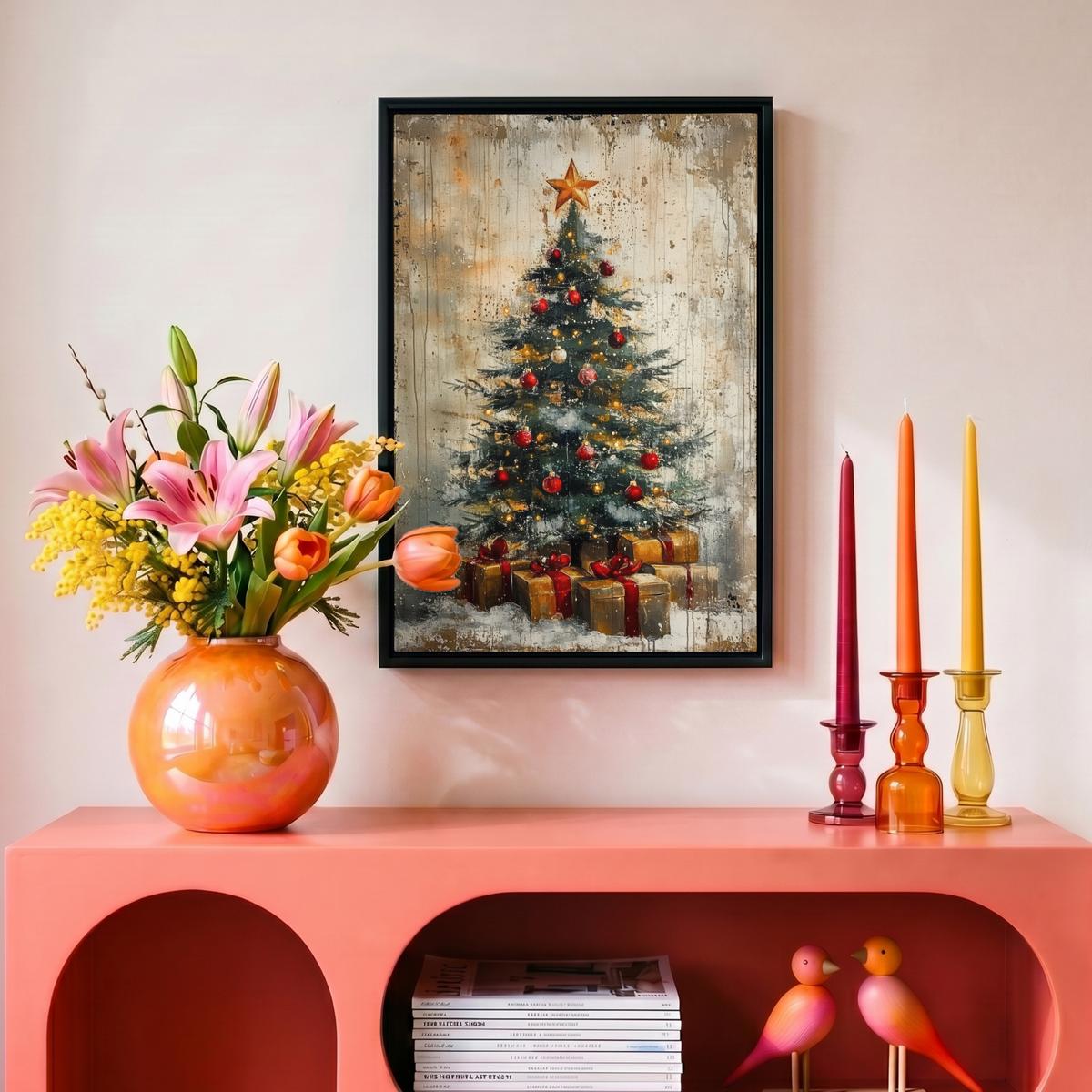 LEINWAND Bilder mit Rahmen - Weihnachtsbaum - Vintage - Weihnachten - Geschenk - 20x30 - Rostfarben, Textil (20/30cm) - MuchoWow