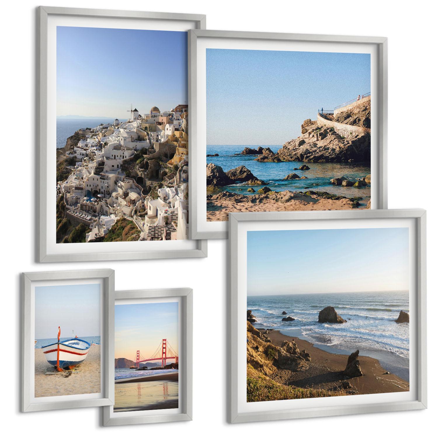 BILDER SET 5er Set - 50x50 cm & 20x30 cm & 40x60 cm Silberner Rahmen - Naturlandschaft der Bergseen - Silberfarben, Kunststoff (40/60cm) - TULUP