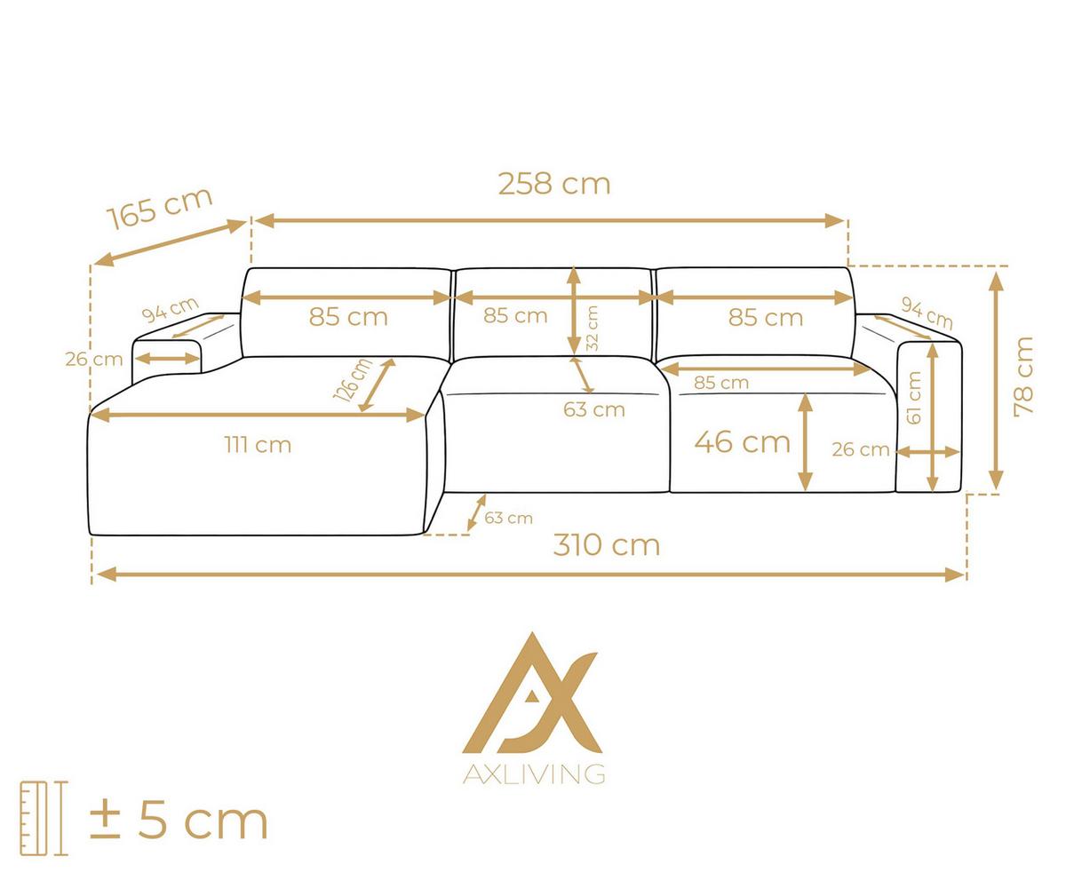 ECKSOFA L Form Corlu Creme 310/165/78 cm – stilvolle kleine Eckcouch Links - Creme/Schwarz, Kunststoff/Textil (310/165cm) - AX Living