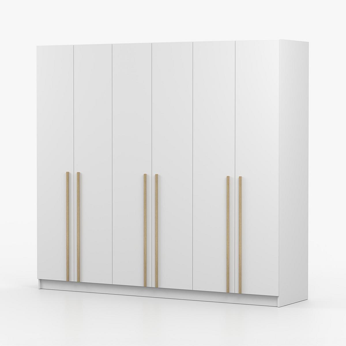 DREHTÜRENSCHRANK SEVILLA 6D 230 cm Weiß/Weiß, 6-türig, Holzgriffe - Eukalyptusholzfarben/Weiß, Holz/Holzwerkstoff (230/210/57cm) - imoebel24