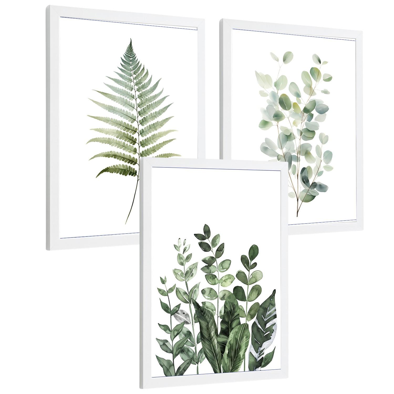POSTER 3er Bilder-Set Wandbilder Botanisch Grün modern Wohnzimmer Deko, Schlafzimmer, Küche, Badezimmer Weißer Rahmen A3 - Weiß, Papier (29.7/1/42cm) - Nacnic