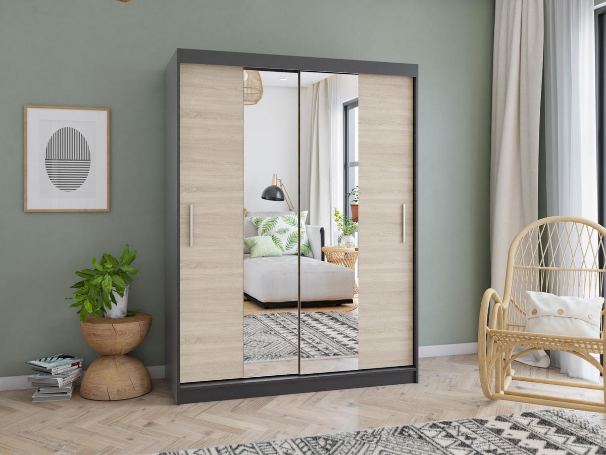 SCHWEBETÜRENSCHRANK Vista 01 Schwarz/Sonoma Eiche mit Spiegel ohne LED Beleuchtung 150cm - Alufarben/Schwarz, Glas/Holzwerkstoff (150/200/61cm) - imoebel24