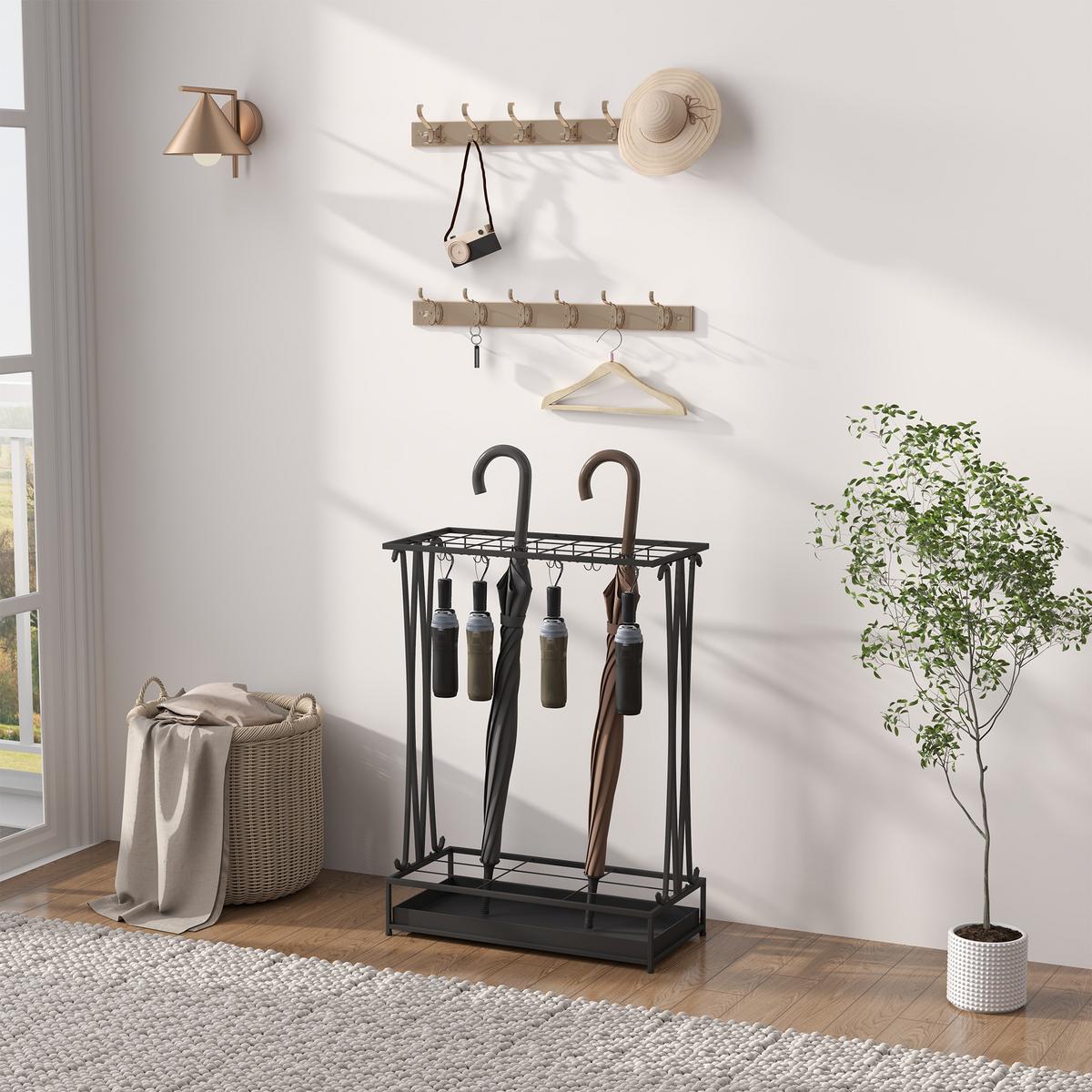 REGENSCHIRMSTÄNDER mit 24 Haken, 21 Löchern, 50 x 24 x 68 cm, Schwarz - Schwarz, Metall (24/68/50cm) - HOMCOM