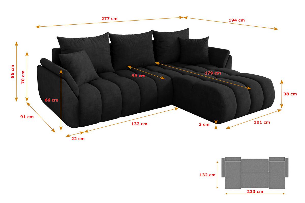 ECKSOFA mit Schlaffunktion Ottomane Rechts TOKO-L-v1 277x194x86 Schwarz Velours - Schwarz, Holzwerkstoff/Kunststoff (277/194cm) - ALTDECOR