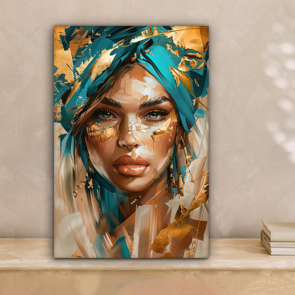 LEINWANDBILD Frau - Porträt - Gold - Luxus - Blau Deko Wohnzimmer 20x30 cm - Türkis, Textil (20/30cm) - MuchoWow