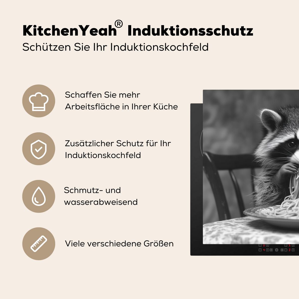 HERDABDECKPLATTE Waschbär - Niedlich - Pasta - Tischtuch - Schwarz - Weiß Induktionsmatte 71x52 cm - Grau, Kunststoff (71/52/0.2cm) - MuchoWow