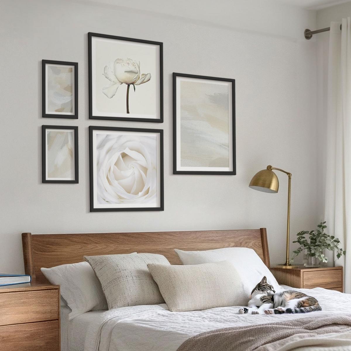 BILDER SET 5er Set - 50x50 cm & 20x30 cm & 40x60 cm Schwarzer Rahmen - Abstrakter Hintergrund mit feinen Strichen - Schwarz, Kunststoff (40/60cm) - TULUP