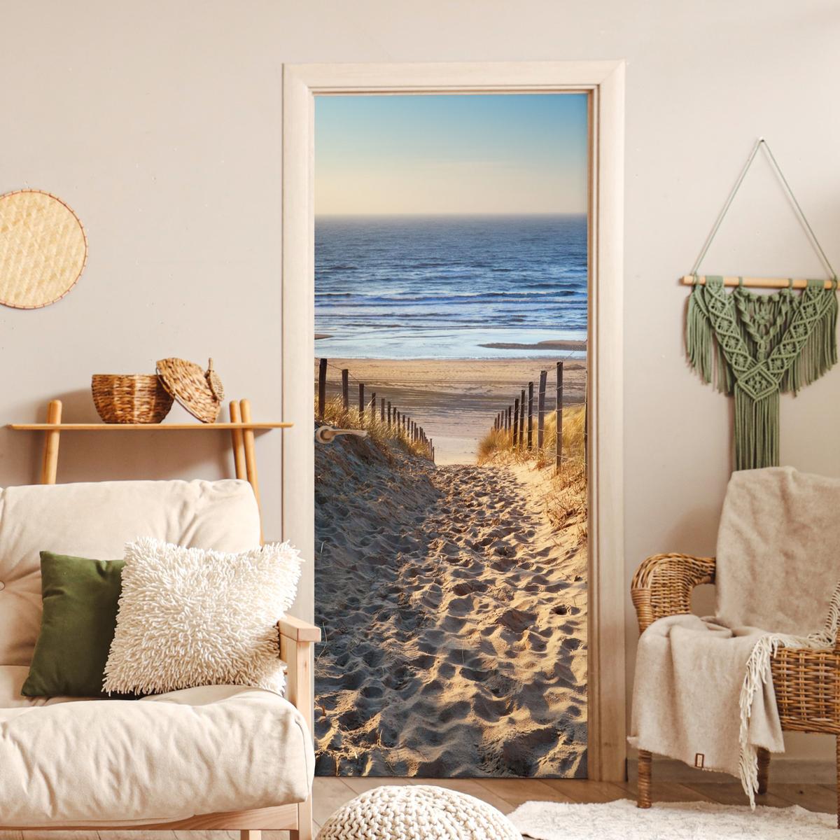 TÜRAUFKLEBER Strand - Meer - Niederlande - Dünen - Sonne 90x215 cm - Türtapete - Blau, Kunststoff (90/0.1cm) - MuchoWow