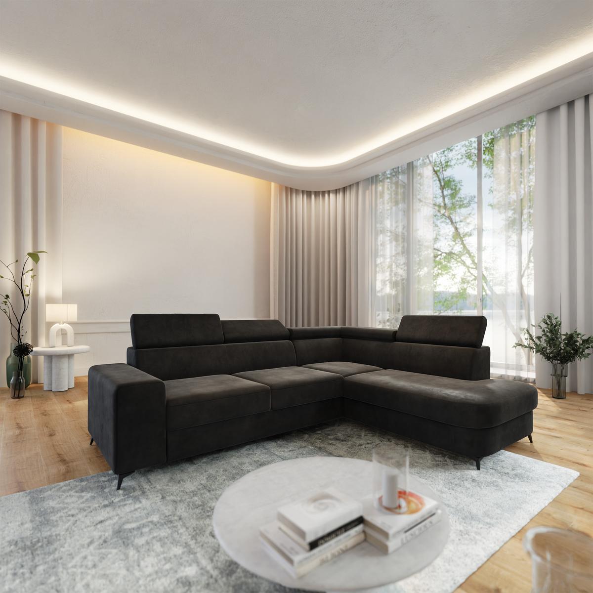 ECKSOFA ALVORO R-S Schwarz Velours-Stoff mit Schlaffunktion - Schwarz, Holz (253/190cm) - MASSENO