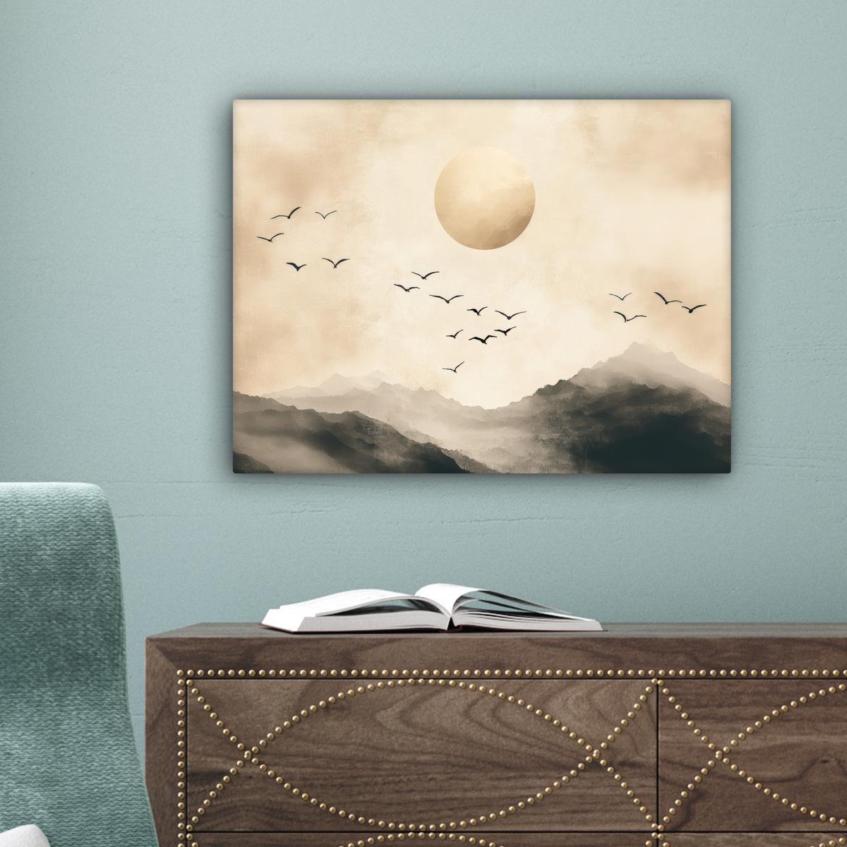 LEINWANDBILD Landschaft - Japandi - Vogel Wandbild 40x30 cm - Beige, Textil (40/30cm) - MuchoWow