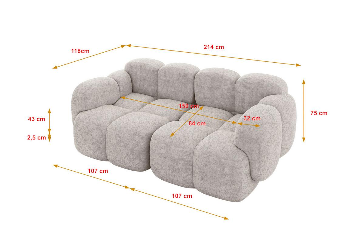 2-SITZER modulares Sofa Miko-S1 214x118x75 cm Hellgrau Velours - Hellgrau/Schwarz, Holzwerkstoff/Kunststoff (214/75/118cm) - ALTDECOR