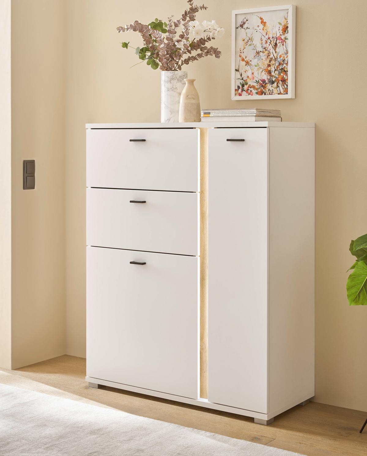 HIGHBOARD weiß matt, Eiche Wotan 100 x 125 cm, Kommode inklusive Frontbeleuchtung - Eiche Wotan/Silberfarben, Holzwerkstoff/Kunststoff (100/125/42cm) - Furn.Design