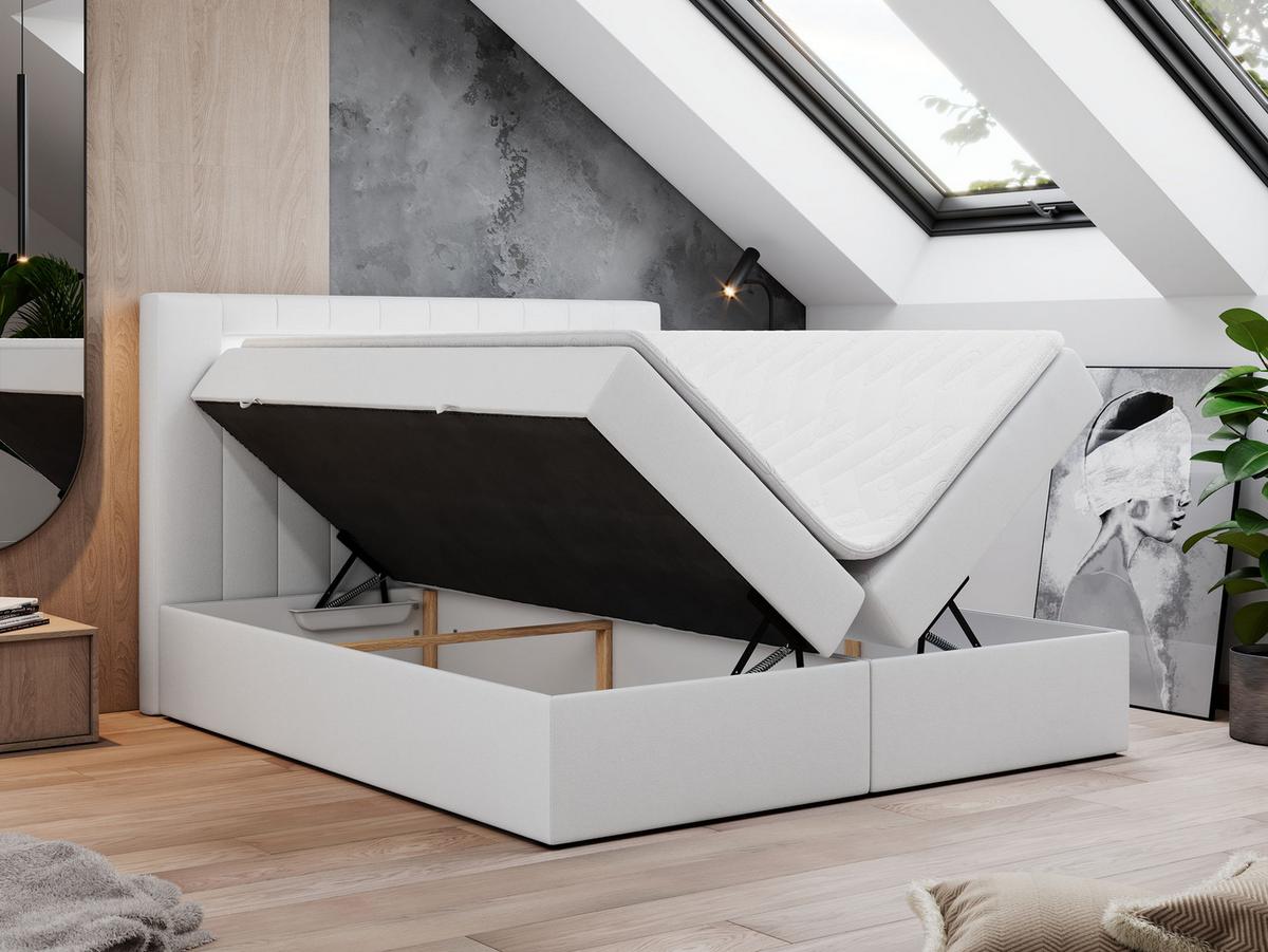 BOXBETT GOLD-5 LED 160/200 Weiß Kunstleder - H3 - Weiß, Holz/Textil (160/200cm) - MKS