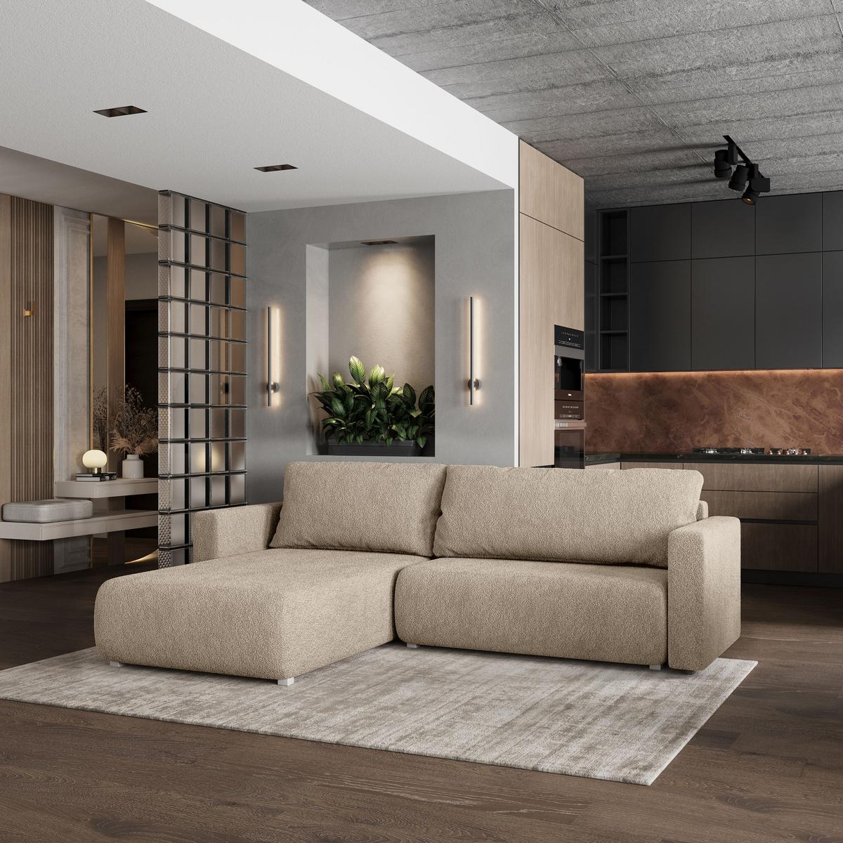 ECKSOFA TURIN N Beige Bucle-Stoff mit Schlaffunktion - Beige/Grau, Holz/Kunststoff (265/183cm) - MASSENO