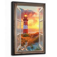 LEINWAND Bilder mit Rahmen - Aussicht - Fenster - Leuchtturm - Sonnenuntergang - Strand - 20x30 - Dunkelorange, Textil (20/30cm) - MuchoWow