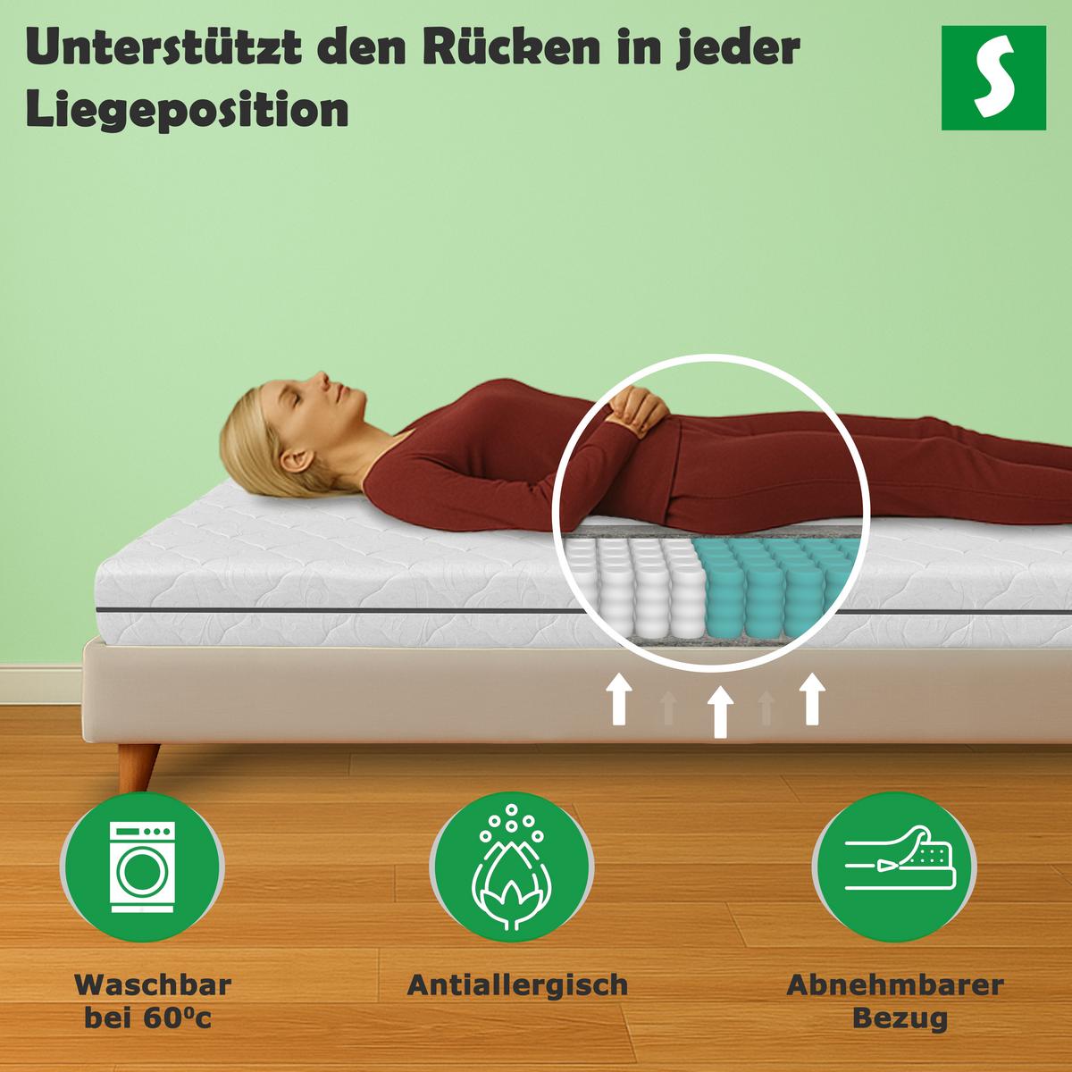 TASCHENFEDERKERNMATRATZE 90x200 cm H2/H3, wendbar, Bezug waschbar - Weiß, Textil (90/200cm) - Schlaftroll