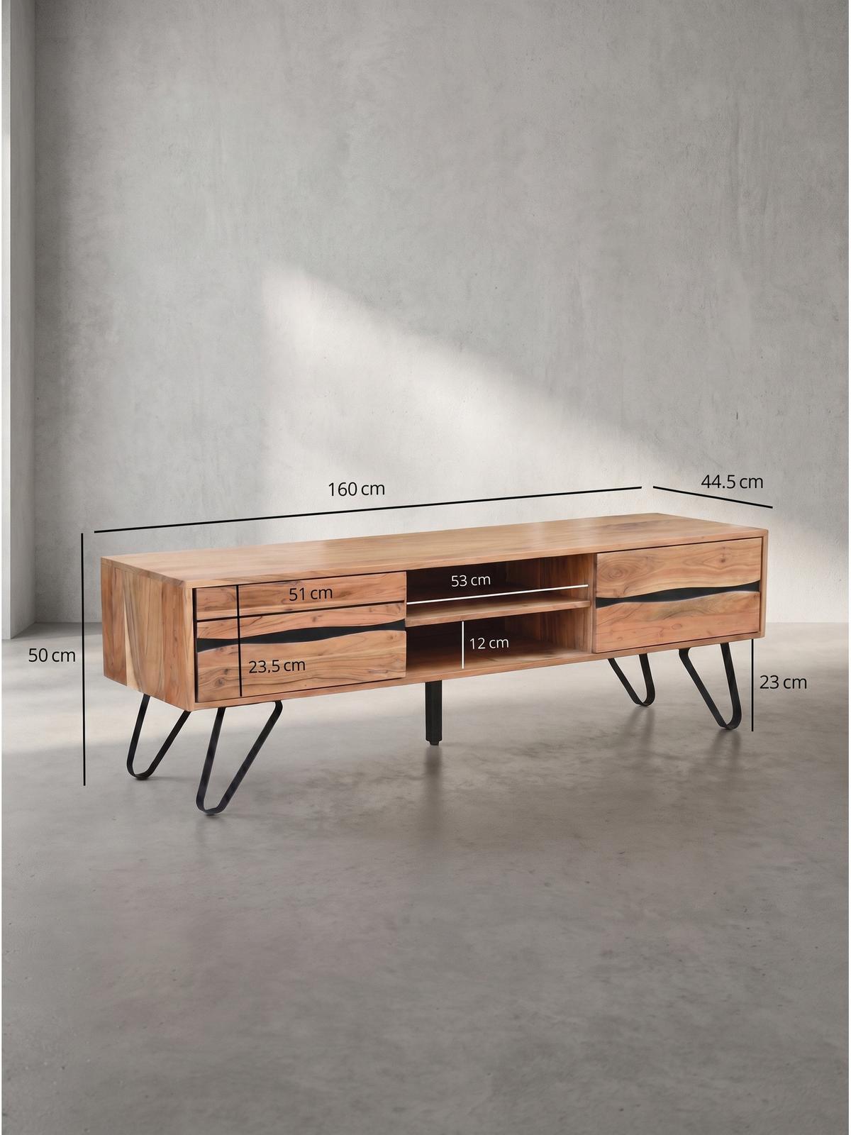 LOWBOARD BETANZOS, Akazie Massivholz, 160 x 44,5 x 50 cm - Schwarz/Akaziefarben, Holz/Metall (160/50/44.5cm) - KADIMA DESIGN