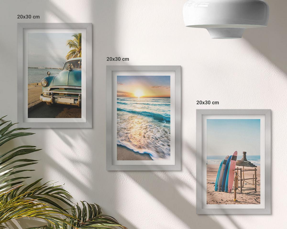 BILDER SET 3er Set - 20x30 cm Silberner Rahmen - Sonnenuntergangsurlaub in Miami - Silberfarben, Kunststoff (20/30cm) - TULUP