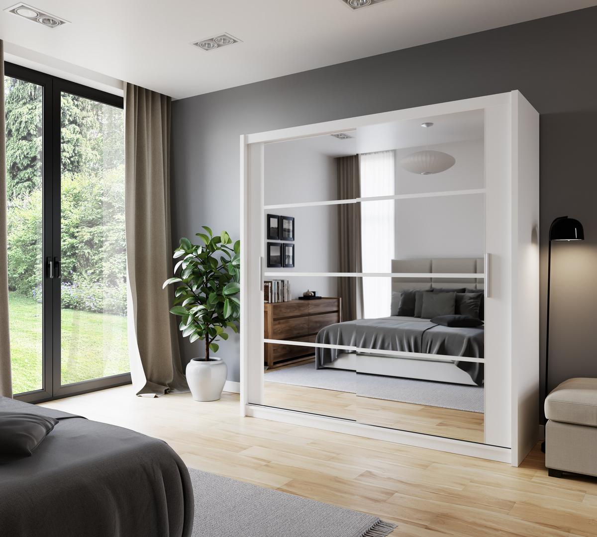 SCHWEBETÜRENSCHRANK KAYN 203/215/61 cm 2-türig mit Spiegel Weiß - Weiß, Holzwerkstoff (203/215/61cm) - MASSENO