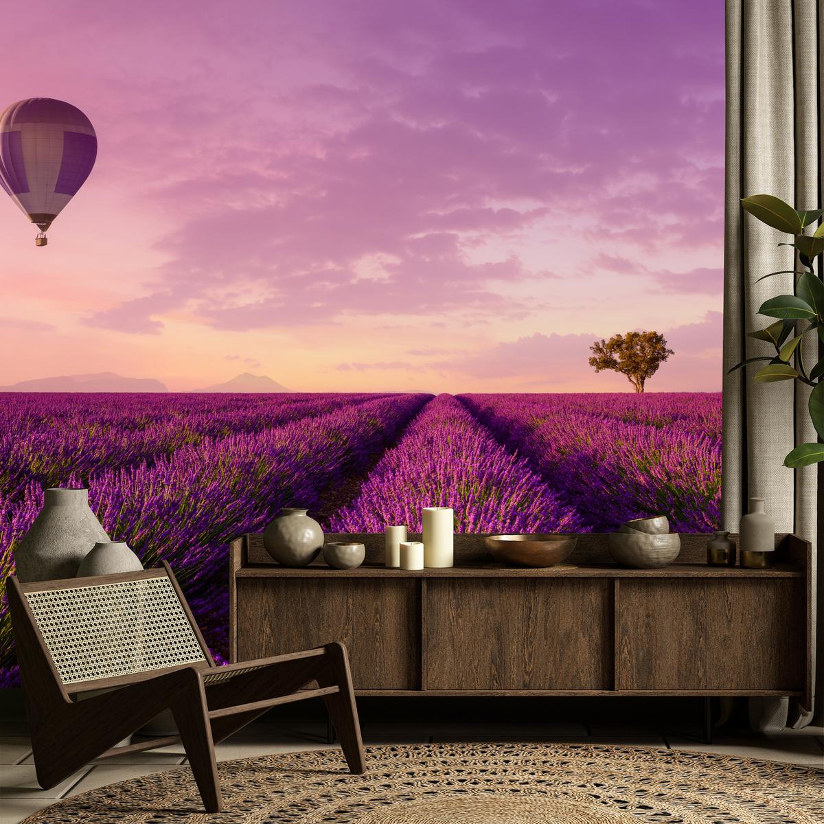 FOTOTAPETE für Wohnzimmer Lavendelfeld Heißluftballon Provence 400x280 - Violett/Lila, Papier (400/280cm) - Muralo